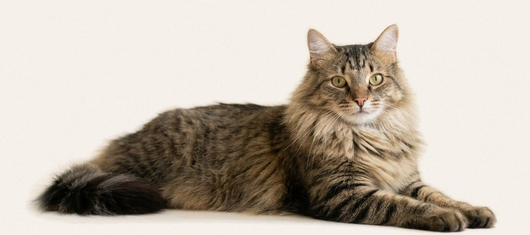 Mac, a long-haired brown tabby cat, lying on a cream floor
